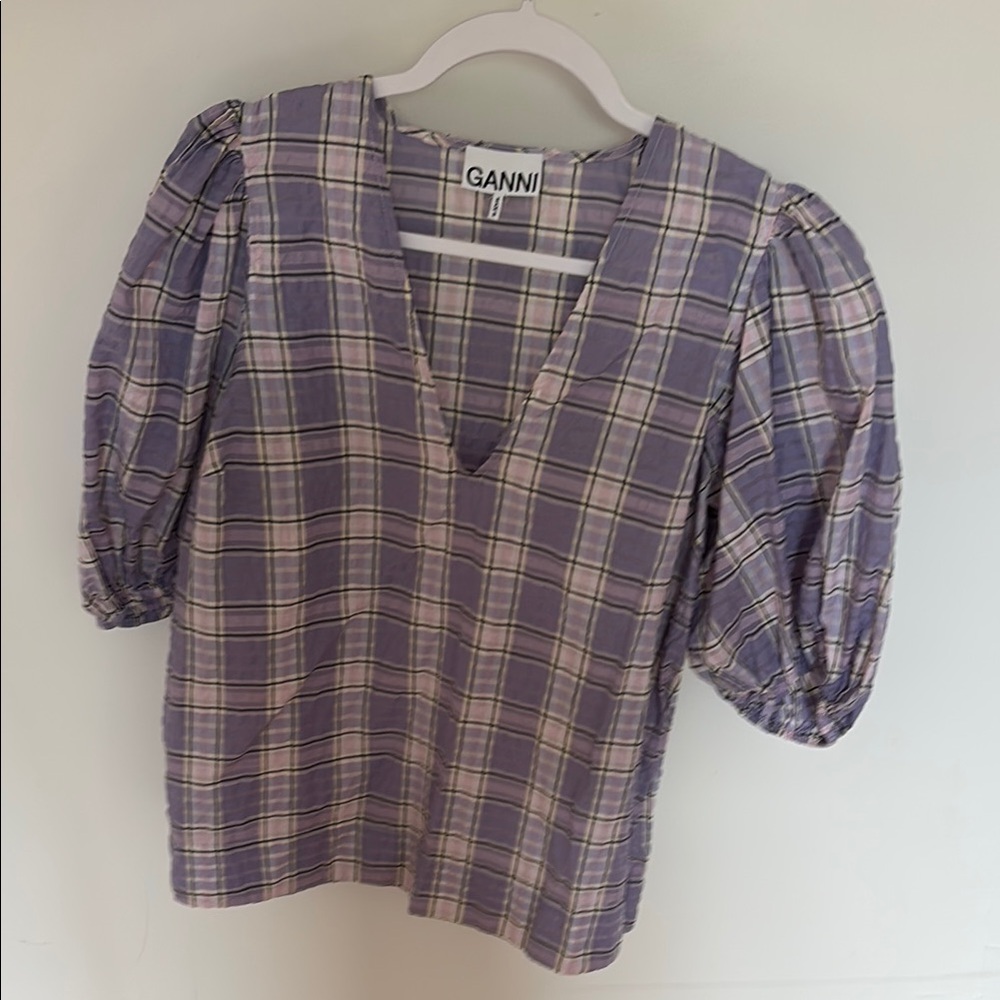 Ganni Gray and Blue Puff Sleeve Blouse Relaxed Boxy Style